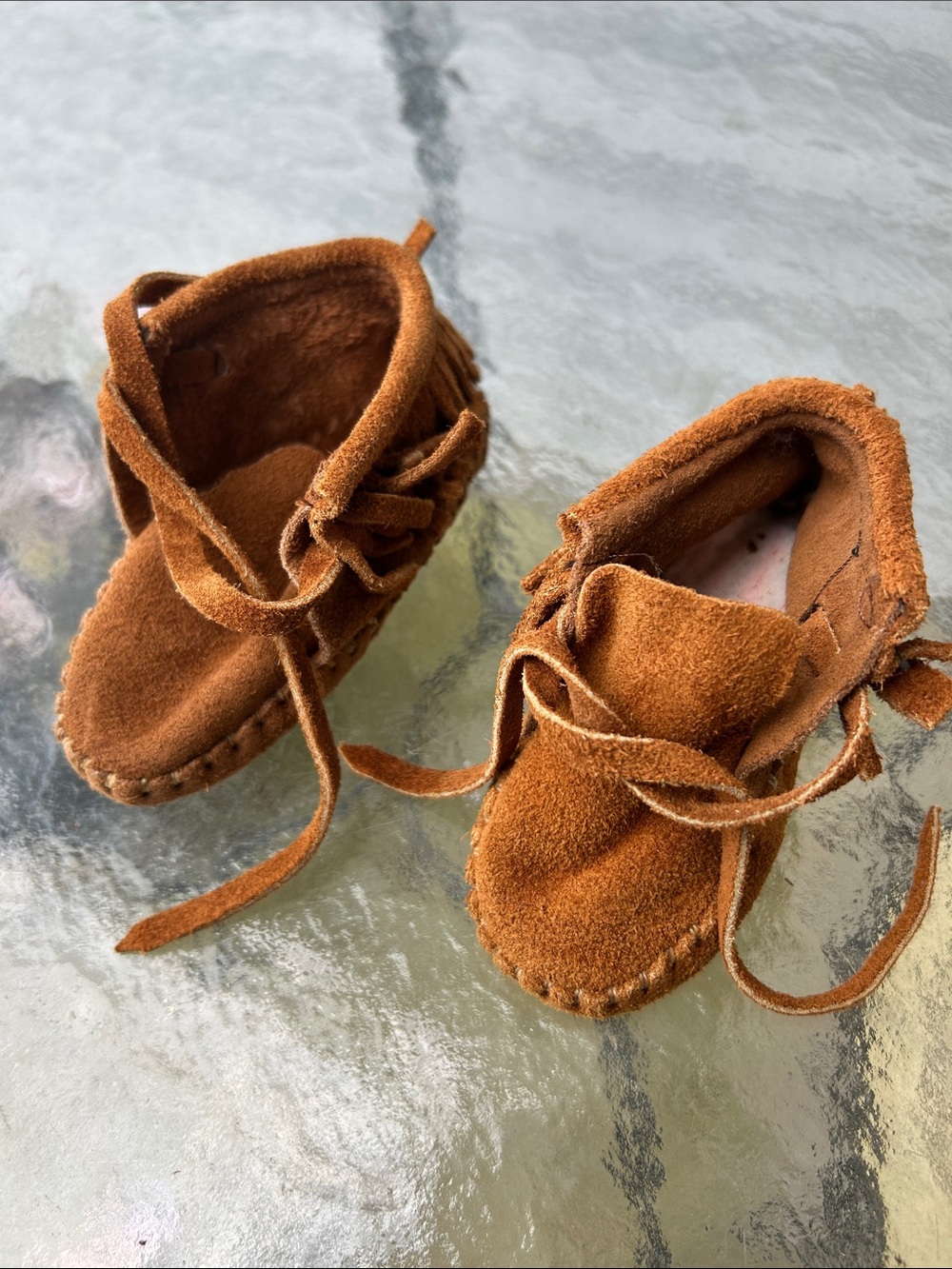 Baby Suede Moccasin Booties - Brown—Handmade Size Unknown